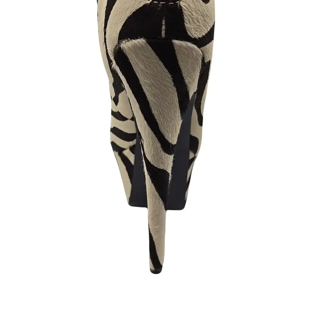 London Trash Zebra Stripes Pony Hair Platform Shoes Heels Leather sz 8 Pinup - Picture 8 of 16